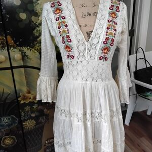FP Movement by Free People White Dress with Floral Embroidery